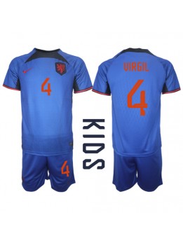 Niederlande Virgil van Dijk #4 Auswärts Trikotsatz für Kinder WM 2022 Kurzarm (+ Kurze Hosen)